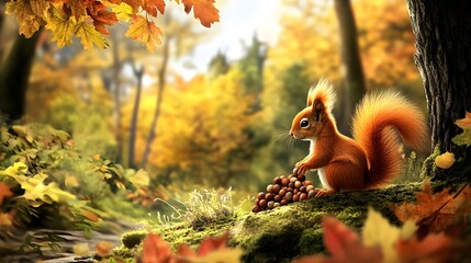 A vibrant autumn scene featuring a squirrel with a bushy tail gathering acorns among colorful leaves in a serene woodland.