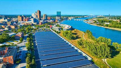 Aerial View of Toledo Skyline with Solar Panels and River Integration