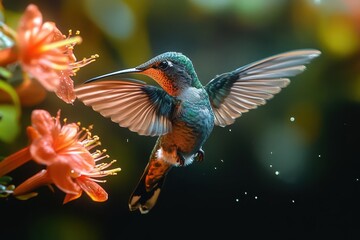 freezeframe capture of iridescent hummingbird midflight wings a blur beak approaching exotic flower rainforest backdrop