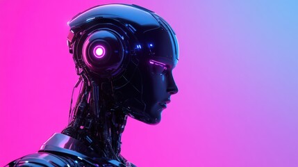 Fototapeta premium Side view of futuristic robot with glowing purple light