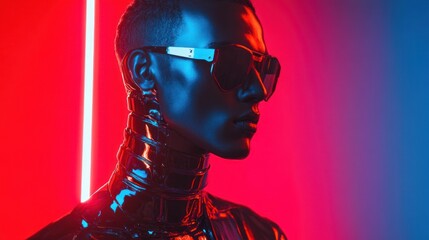 Futuristic figure in neon lighting with metallic outfit