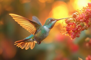 freezeframe capture of iridescent hummingbird midflight wings a blur beak approaching exotic flower rainforest backdrop
