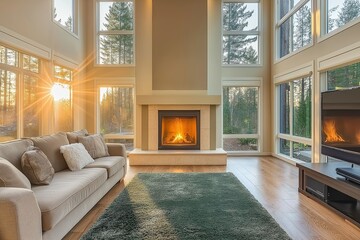 A cozy living room featuring a fireplace, large windows with natural light, a bold green rug, and...