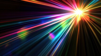 Fototapeta premium Abstract sunburst and iridescent glare effects overlay on a black background, enhancing image quality for screen blending designs