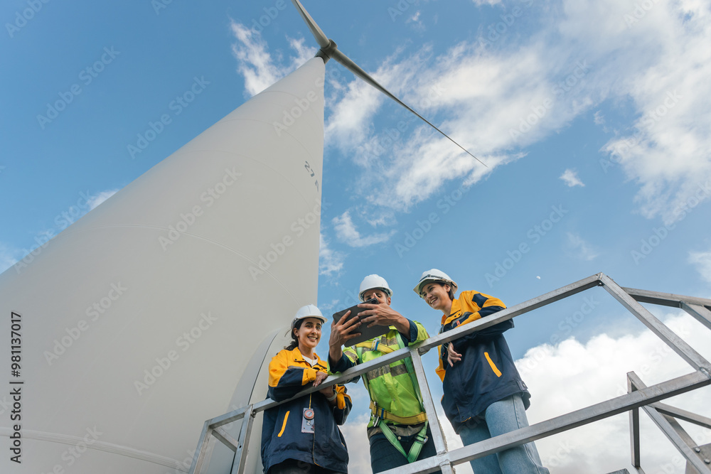 Poster Team engineer wind turbine worker safety uniform survey discuss operational planning windmill field clean energy. Alternative technology protect environment reduce global warming problems.