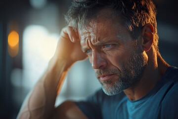 Obraz premium Mature Man Experiencing Migraine During Exercise: Health and Stress in Fitness