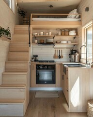 A minimalist tiny kitchen with open shelving, compact appliances, and a simple layout, optimizing space in a tiny home.