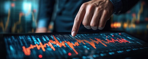 A person analyzes financial data on a digital tablet, showcasing trends and metrics in a modern business environment.