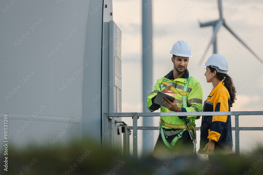 Leinwandbilder Team engineer wind turbine worker safety uniform survey discuss operational planning windmill field clean energy. Alternative technology protect environment reduce global warming problems.