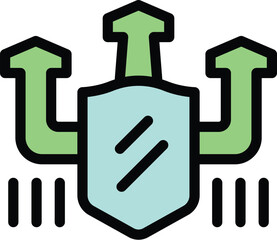 This vector illustration shows the concept of firewall protection, with a shield deflecting malware attacks symbolized by arrows