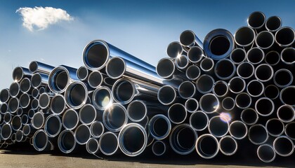 Stack of stainless steel pipes background , metallurgical industry backdrop concept image