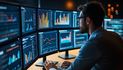 A focused professional analyzes data on multiple monitors, showcasing technology and financial insights in a modern workspace.