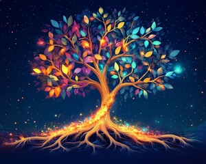 A vibrant tree with colorful leaves and glowing roots, symbolizing life and energy against a starry night background.
