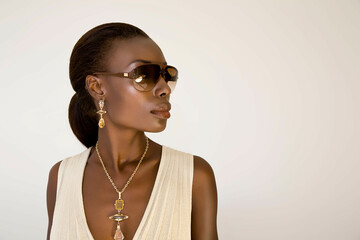 Elegant woman wearing sunglasses and gold jewelry against a light background.