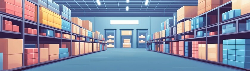 Fototapeta premium A vibrant warehouse interior filled with colorful boxes on shelves, showcasing an organized storage space for inventory management.