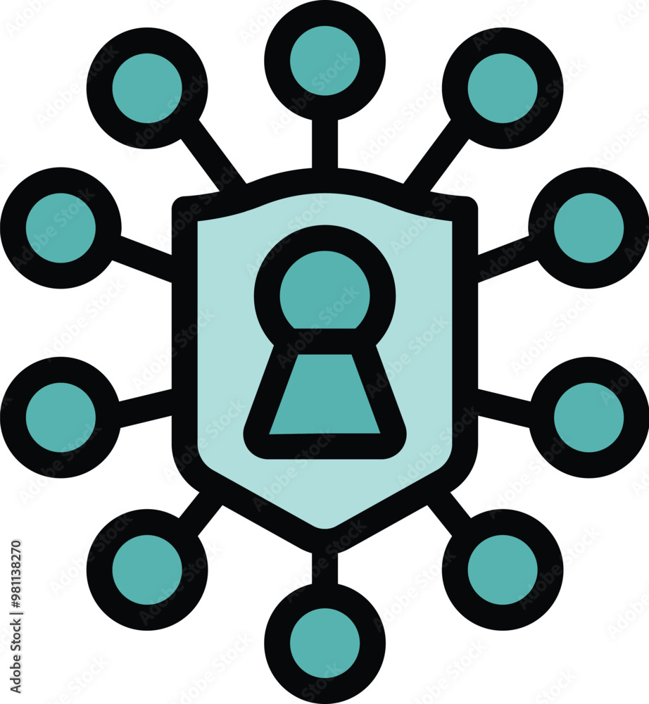 Poster network security system is protecting user data with a keyhole symbol inside a shield icon