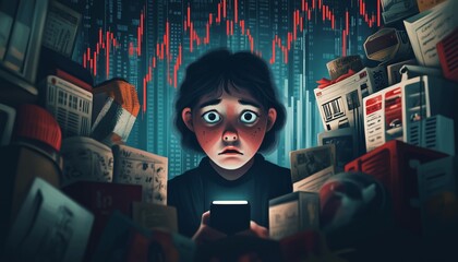 Obraz premium A young person anxiously stares at a phone, surrounded by clutter and stock market graphs, illustrating modern stress and distraction.
