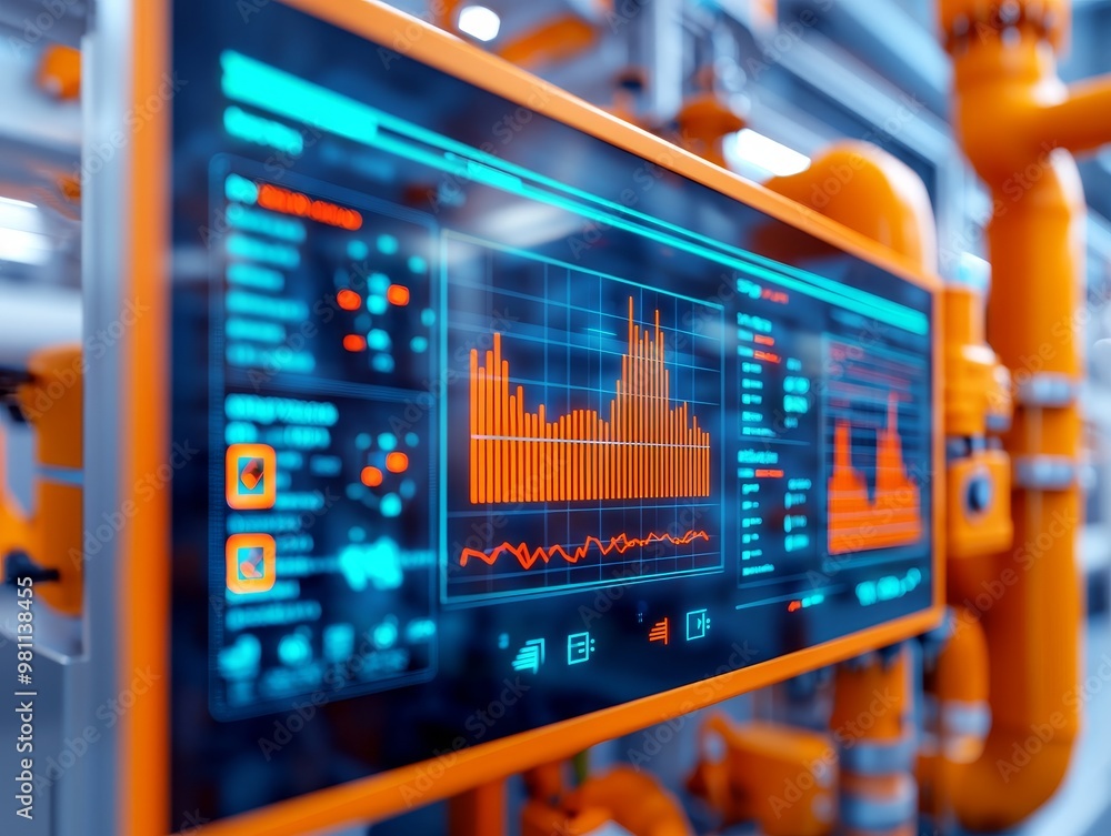 Poster modern industrial control panel displaying real-time data analysis with vibrant orange accents and c