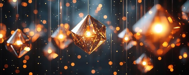 Obraz premium Stunning crystal shapes suspended in mid-air, illuminated by golden light, creating a magical and enchanting atmosphere.