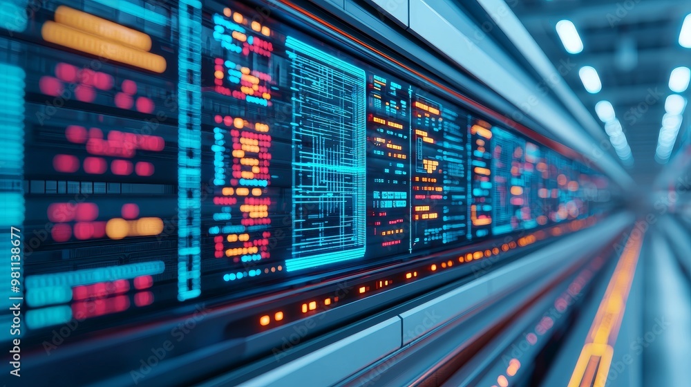 Poster futuristic data center with illuminated server panels displaying intricate information and vibrant c