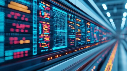 Futuristic data center with illuminated server panels displaying intricate information and vibrant colors in a tech environment.