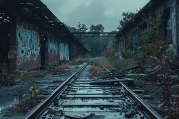 Graffiti-covered train tracks in an urban setting