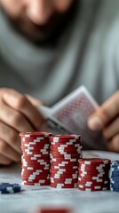 Naklejka premium Man with poker chips and a financial newspaper, deciding between betting and investing