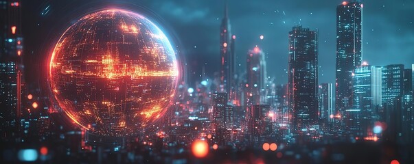 Fototapeta premium Futuristic city skyline with glowing orb, vibrant neon lights, and a stunning digital atmosphere creating a sci-fi vibe.