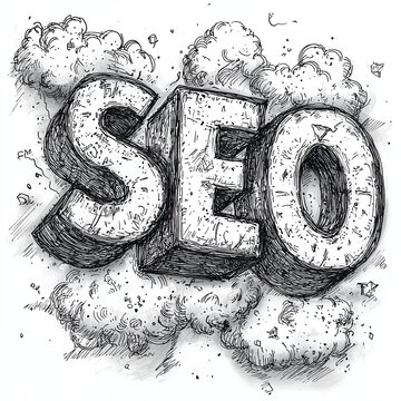 Hand-drawn SEO lettering with dynamic smoke effect illustration