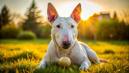 Adorable bull terrier with distinctive egg-shaped head, wrinkled skin, and sturdy build, posing on a sunny lawn with a playful and curious expression.