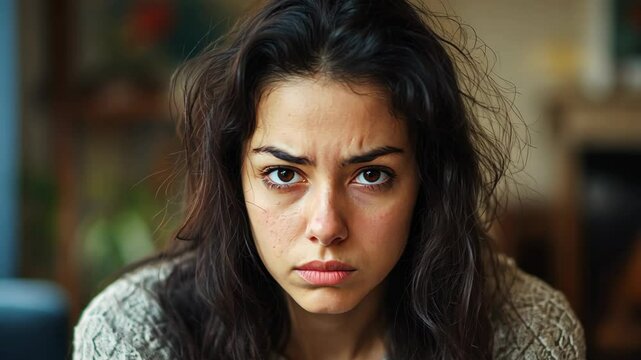 Pensive sad woman with long, dark hair stars intensely at the camera while sitting indoors