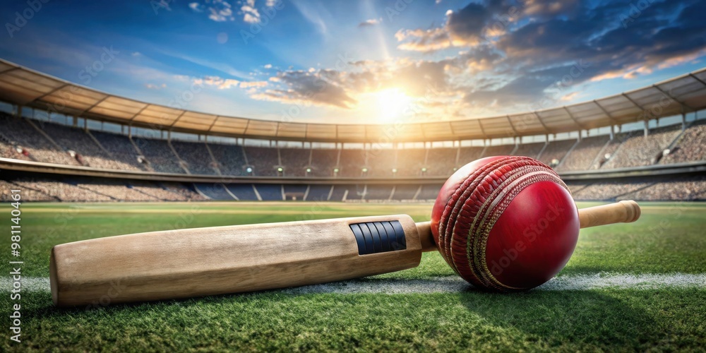 Wall mural cricket leather ball balancing on bat on stadium pitch