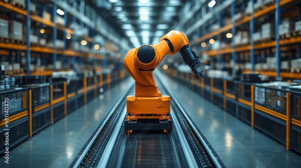 Poster robotic arm working efficiently on conveyor in automated warehouse during daytime operations