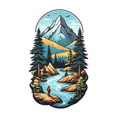 Bright travel concept with river and mountains, retro sticker isolated on white background