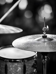 Fototapeta premium Close up of a drum set with cymbals and drumsticks in black and white.