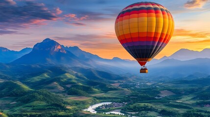 A vibrant hot air balloon soaring over stunning mountains and lush valleys during a breathtaking sunset.