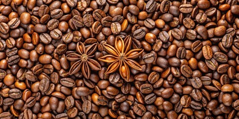 Fototapeta premium A top-down view of roasted coffee beans and anise seeds, creating a warm and aromatic composition