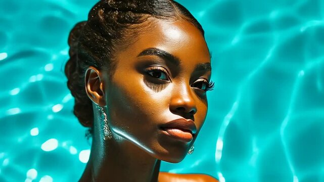 A young Black woman with braided hair enjoys a sunny day at the swimming pool. Her skin glows in the bright light reflecting off the water. The mood is serene and refreshing.