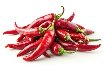 A stack of bright red hot peppers on a white surface