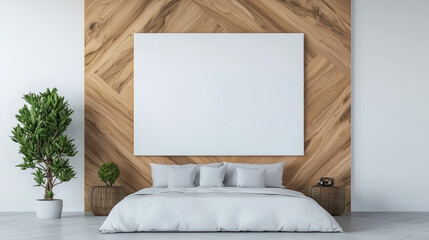 White bed with pillows in a room with a blank canvas and wooden wall.