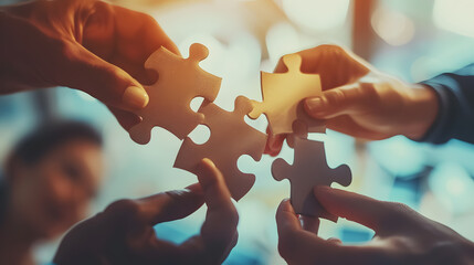Concept of teamwork and partnership. Hands join puzzle pieces in the office. Business people putting the jigsaws team together. Charity, volunteer. Unity, team business