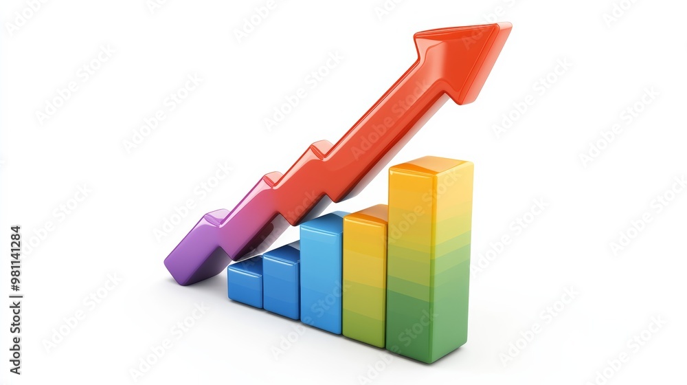 Poster glossy 3d upward arrow graph icon on white background