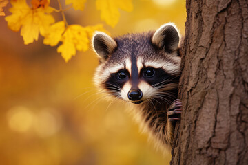 Fototapeta premium Adorable raccoon peeking from behind a tree with vibrant autumn leaves in the background, creating a playful and nature-inspired scene