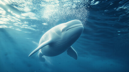 Naklejka premium A playful beluga whale swimming near the surface, its smooth, white skin reflecting the soft light of the underwater environment 