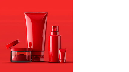 A collection of shiny, vibrant red cosmetic containers is artistically arranged on a striking red surface, showcasing a variety of shapes and sizes ideal for beauty products