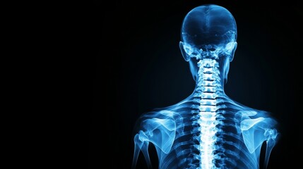 X-ray image of a human spine showcasing detailed vertebrae structure and alignment in a striking blue glow.