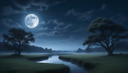 Fototapeta premium Calm night landscape with full moon, river, and serene trees under a starry sky