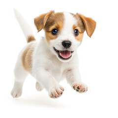 A playful puppy with brown and white fur joyfully leaps forward, displaying a happy expression and wide eyes, full of energy and excitement.