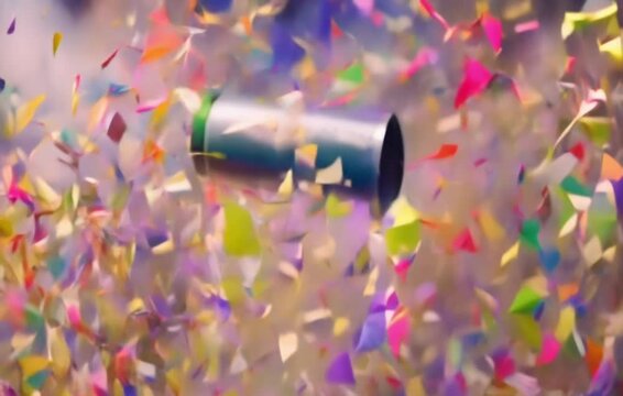 Confetti Explosion: Film a handheld confetti cannon being fired, with vibrant colored paper raining down in slow motion, covering the area in celebration.