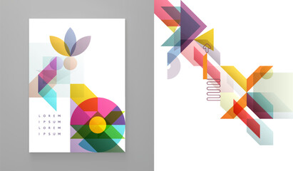 Art composition of flat colorful vector shapes. Abstract transparency geometrical background. Cover design template for presentation, corporate cover document, banner, flyer, poster, brochure.